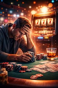 Závislost na gamblingu – muž sedící u hazardní hry se ztrátou kontroly a finančními důsledky