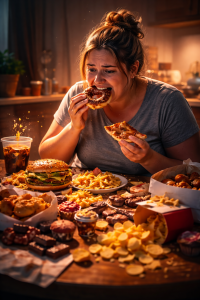 Závislost na jídle – žena při epizodě přejídání, ztráta kontroly nad jídlem a emoční stres